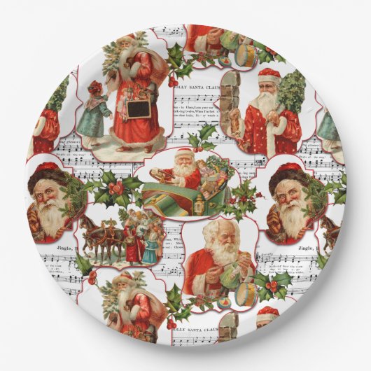 Jolly Vintag Santa, Holly & Music Collage Pappteller (Vorderseite)