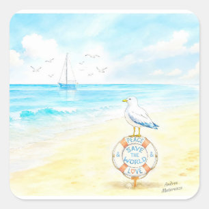Jon Seagull - Frieden & Liebe retten die Welt Quadratischer Aufkleber