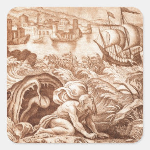 Jonas und der Wal, Illustration von einer Bibel, Quadratischer Aufkleber