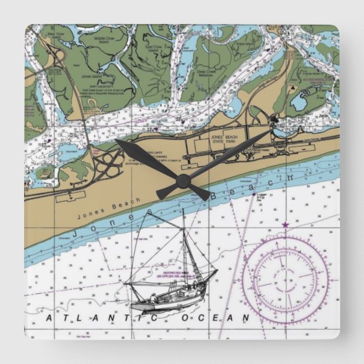Jones Beach Island NY Chart Quadratische Wanduhr (Vorderseite)