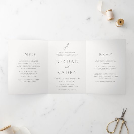 Jordan Grey Script Monogram Elegant Wedding Dreifach Gefaltete Einladung (Innenseite)