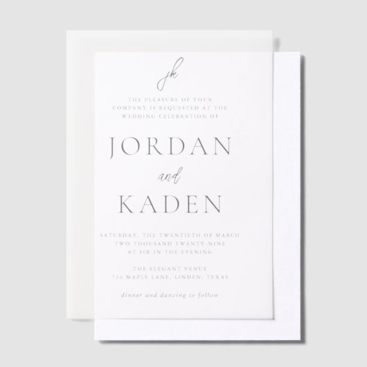 Jordan Grey Script Monogram Elegant Wedding Pergament Einladungen (Versetzt)