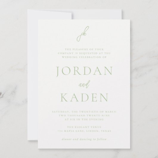 Jordan Soft Sage Script Monogram Elegant Wedding Einladung (Vorderseite)