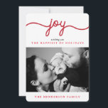 Jored Modern Script Christmas Foto Card Feiertagskarte<br><div class="desc">Mit den Joy Modern Scripted Flachkarten,  die auf der Rückseite ein rot-weiß gestreiftes Muster aufweisen,  können Sie Ihr Lieblingssommer mit Stolz in dieser Urlaubssaison ausstellen. Stilvollere und moderne Weihnachtskarten gibt es im Young Wanderlust Store!</div>