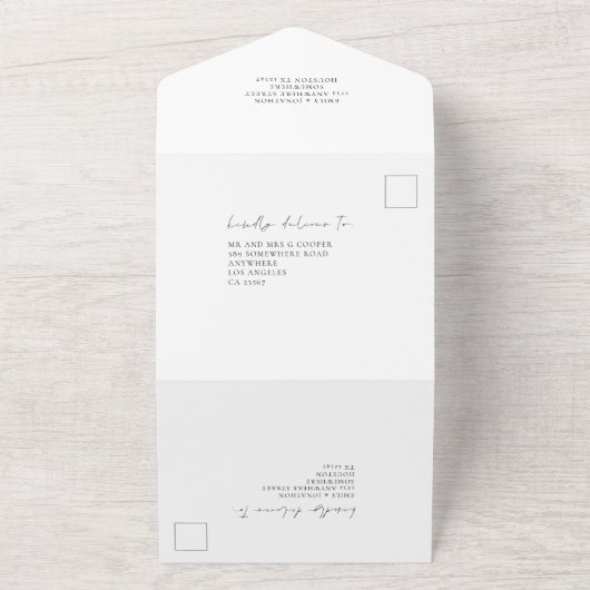 Jos Minimalistisch Script Schwarz-weiß Wedding All In One Einladung (Außenbereich)