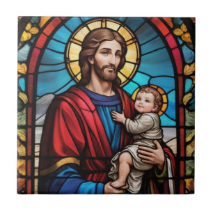 Joseph und Baby Jesus Christlich gestettetes Glas Fliese