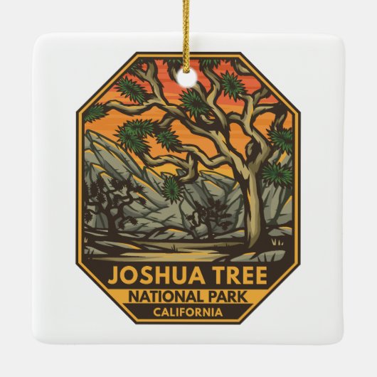 Joshua Tree Nationalpark Sunset Retro Emblem Keramikornament (Rückseite)
