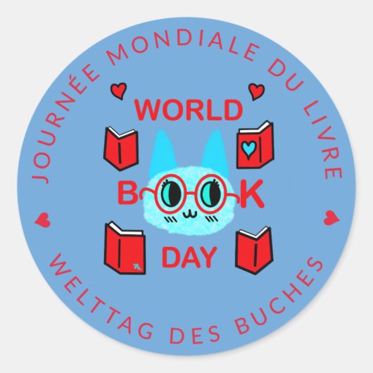 Journée Mondiale du Livre / World Book Day Cat Runder Aufkleber (Vorderseite)