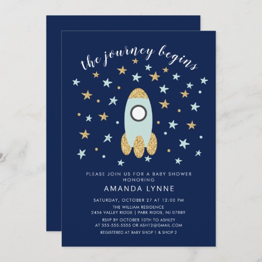 Journey beginnt Rocket Boys Baby Shower Einladung (Vorne/Hinten)