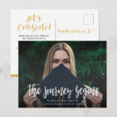 Journey Begins Modern Calligraphy Foto Abschluss Einladungspostkarte (Vorne/Hinten)