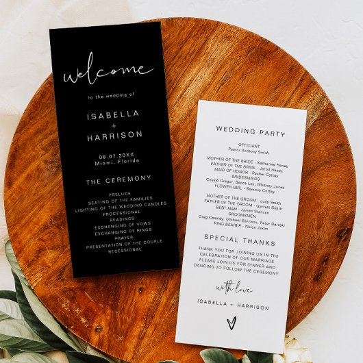 JOVI Modern Black Contemporary Wedding Program Menükarte