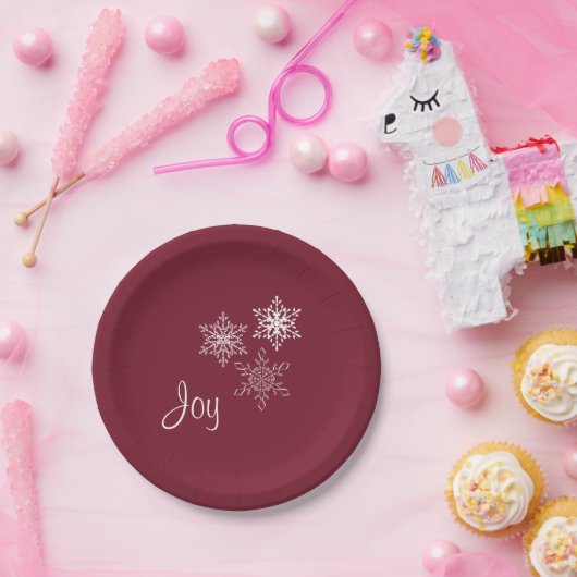 Joy and Three Snowflakes Minimal Red and White Pappteller (Party)