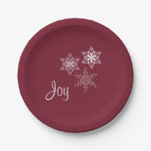 Joy and Three Snowflakes Minimal Red and White Pappteller (Vorderseite)
