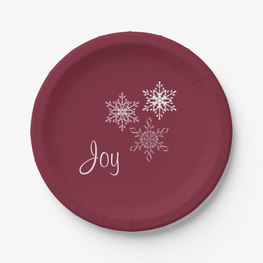 Joy and Three Snowflakes Minimal Red and White Pappteller (Vorderseite)
