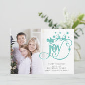 Joy Aquamarin Santa Sleigh Script Foto Weihnachten (Stehend Vorderseite)