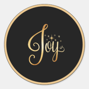 "Joy" Black Gold Script Elegante Feiertage Saison Runder Aufkleber