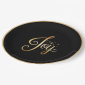 "Joy" Black Gold Script Eleganter Urlaub Pappteller (Schrägansicht)