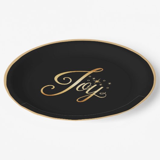 "Joy" Black Gold Script Eleganter Urlaub Pappteller (Schrägansicht)