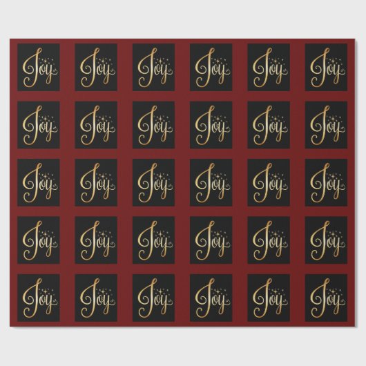 "Joy" Black Red Gold Script Eleganter Urlaub Geschenkpapier (Flach)