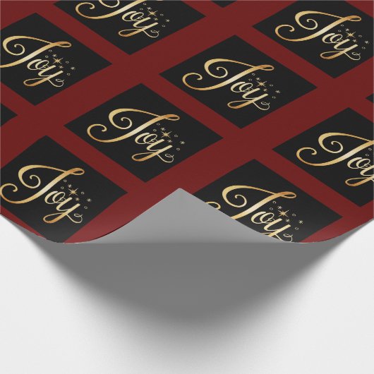 "Joy" Black Red Gold Script Eleganter Urlaub Geschenkpapier (Ecke)