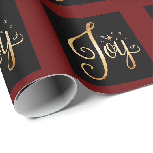 "Joy" Black Red Gold Script Eleganter Urlaub Geschenkpapier (Rolleneckpunkt)
