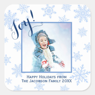 Joy! Blaue Schneeflocken Happy Holidays Foto Quadratischer Aufkleber