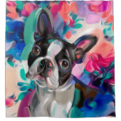 "Joy" Boston Terrier bunter Duschvorhang (Vorderseite)