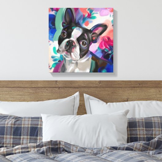 'Joy' Boston Terrier Dog Art Print auf Leinwand (Insitu (Schlafzimmer))