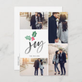 Joy Brush Script Holiday | 4-Foto-Weihnachten Ankündigungspostkarte (Vorne/Hinten)