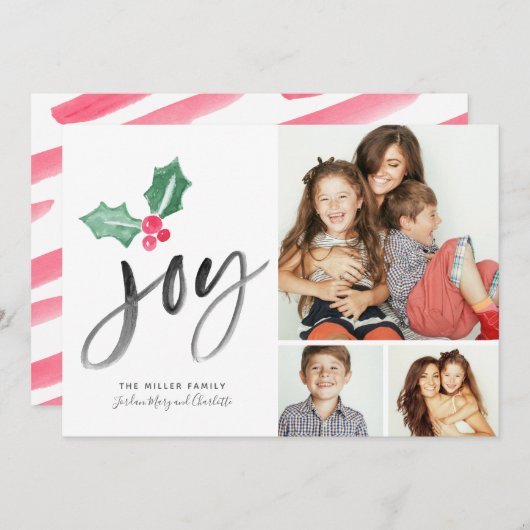 Joy Brush Script Holiday | Weihnachts-3-Foto-Karte (Vorne/Hinten)