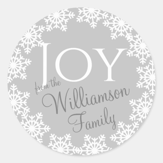 JOY Christmas Family Silver Gray White Snowflake Runder Aufkleber (Vorderseite)
