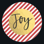 JOY Christmas Holiday Red White Stripes Gold Foil Runder Aufkleber<br><div class="desc">Aufkleber</div>