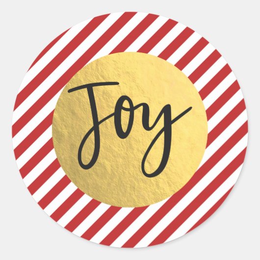 JOY Christmas Holiday Red White Stripes Gold Foil Runder Aufkleber (Vorderseite)