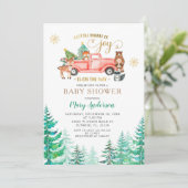 Joy Christmas Pine Tree Baby Dusche ist unterwegs Einladung (Stehend Vorderseite)