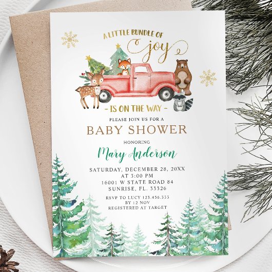 Joy Christmas Pine Tree Baby Dusche ist unterwegs Einladung