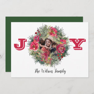 JOY Christmas Wreath Red Custom Foto Holiday Feiertagskarte