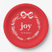 Joy Custom Red Modern Whimsical Bow Christmas Pappteller (Vorderseite)