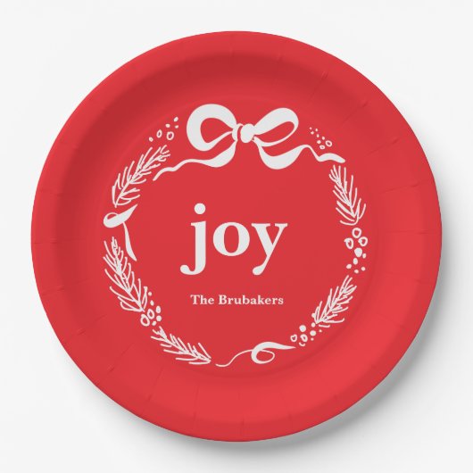 Joy Custom Red Modern Whimsical Bow Christmas Pappteller (Vorderseite)