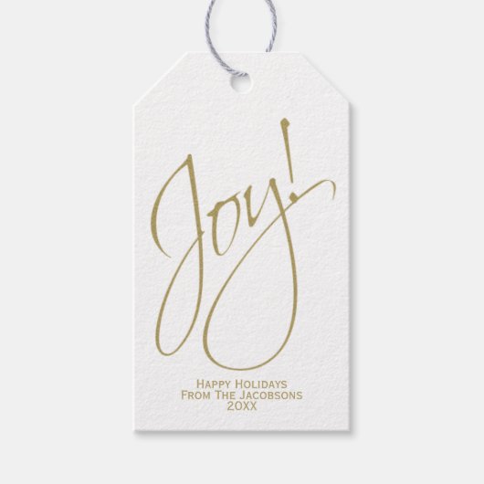 Joy! Einfaches Gold Script & White Christmas Foto Geschenkanhänger (Vorderseite)