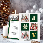 JOY Elegant Gold Snowflakes Modernes Script Foto Folien Feiertagspostkarte<br><div class="desc">JOY Elegant Gold Snowflakes Modernes Script auf Sage Green Farbe 3 Foto Collage Real Foil Holiday Postcard. Mit dieser festlichen und modernen Urlaubskarte senden Sie Ihren Lieben eine Urlaubskarte. Alle Texte sind so vorbereitet,  dass Sie sie einfach und schnell mit Ihren eigenen Details personalisieren können. Gute Ferien!</div>