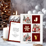 JOY Elegant Gold Snowflakes Modernes Script Foto Folien Feiertagspostkarte<br><div class="desc">JOY Elegant Gold Snowflakes Modernes Script auf Maroon Red Farbe 3 Foto Collage Real Foil Holiday Postcard. Mit dieser festlichen und modernen Urlaubskarte senden Sie Ihren Lieben eine Urlaubskarte. Alle Texte sind so vorbereitet,  dass Sie sie einfach und schnell mit Ihren eigenen Details personalisieren können. Gute Ferien!</div>
