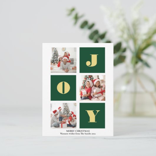 JOY Elegant Gold Snowflakes Modernes Script Foto Postkarte (Stehend Vorderseite)
