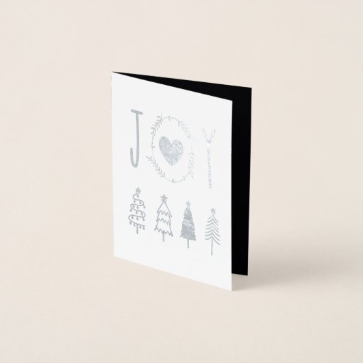 Joy Elegant Modern Script Pine Trees Weihnachten Folienkarte (Vorderseite)
