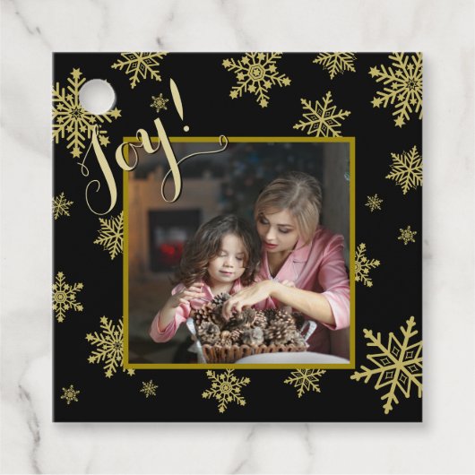 Joy! Elegantes Black & Gold Snowflakes Foto Geschenkanhänger (Vorderseite)