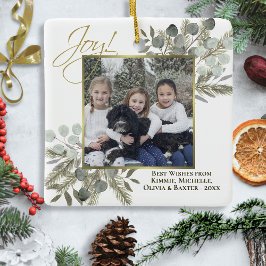 Joy! Elegantes Eukalyptus & Pine Holiday Foto Keramikornament