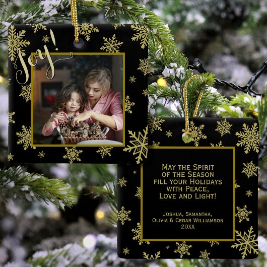 Joy! Elegantes Gold Snowflakes Schwarzes Foto Keramikornament