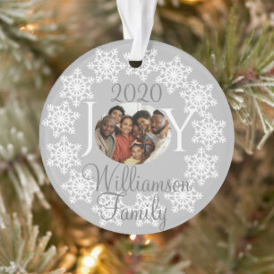 JOY Family Foto Silver Gray White Snowflakes V Ornament