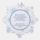 Joy! Fest Blaue Schneeflocken Foto Ornament Karte (Rückseite)