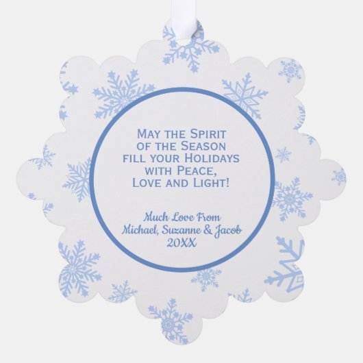 Joy! Fest Blaue Schneeflocken Foto Ornament Karte (Rückseite)