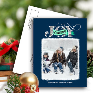 JOY Festive Blue Modern Script Weihnachts-Foto Feiertagspostkarte